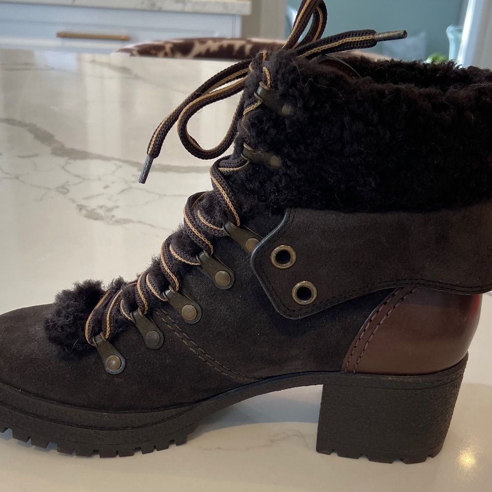 See By Chloe Dark Brown Eileen Shearling Hiking Booties. Size 38EU.